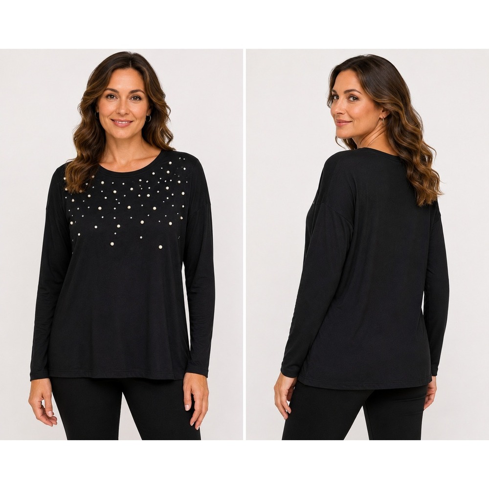 August Silk Womens Large Black Faux Pearl Rhinestone Long Sleeve Tunic Top NWT